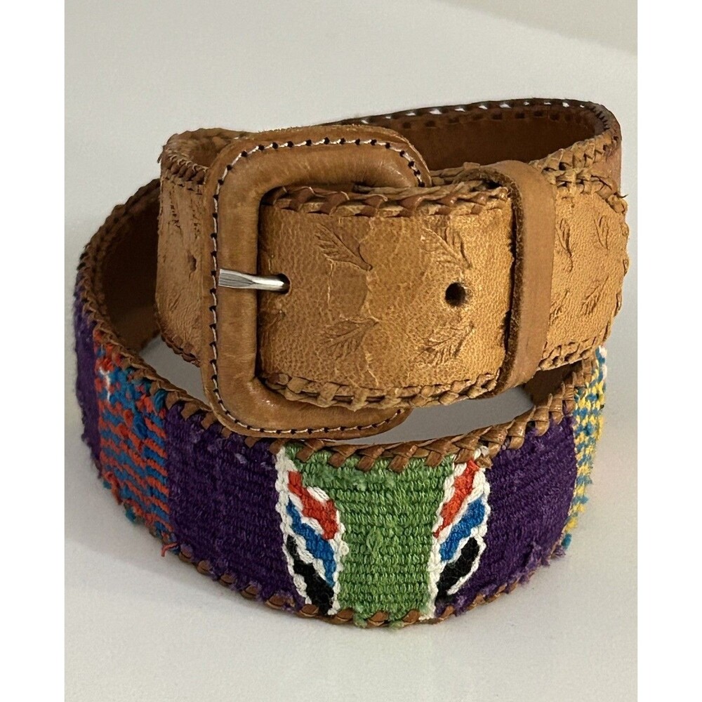 VTG Guatemala Leather Cotton Fabric Multicolor Belt 28" Ethic Aztec Tribal boho